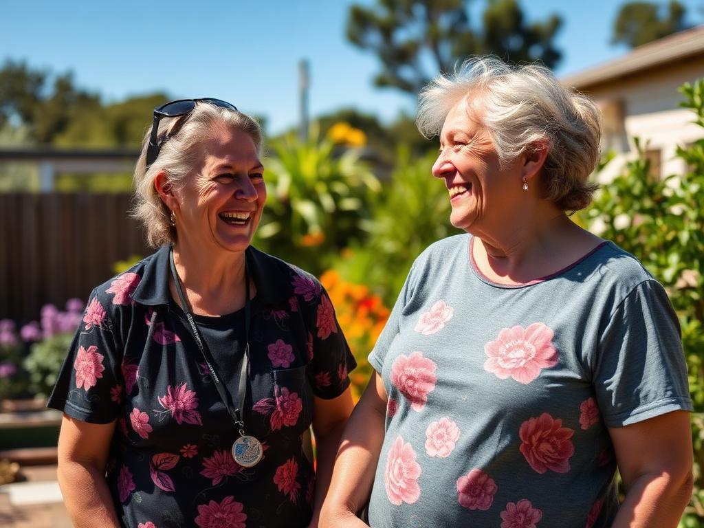 Two women laughing together in a sunlit community garden